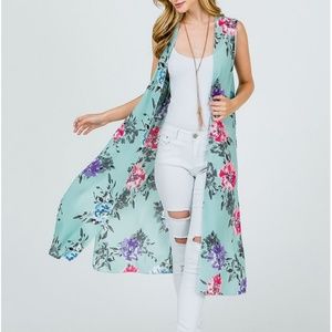 Teal Floral Open Longbody Sleeveless Kimono